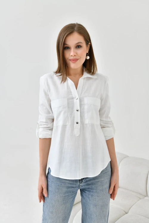 Kadın Bluz Metal Düğmeli Bluz Ekru - 33022