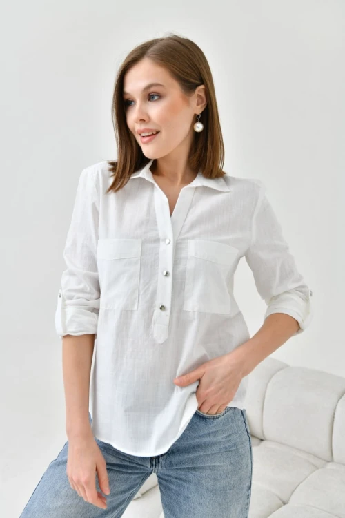 Kadın Bluz Metal Düğmeli Bluz Ekru - 33022