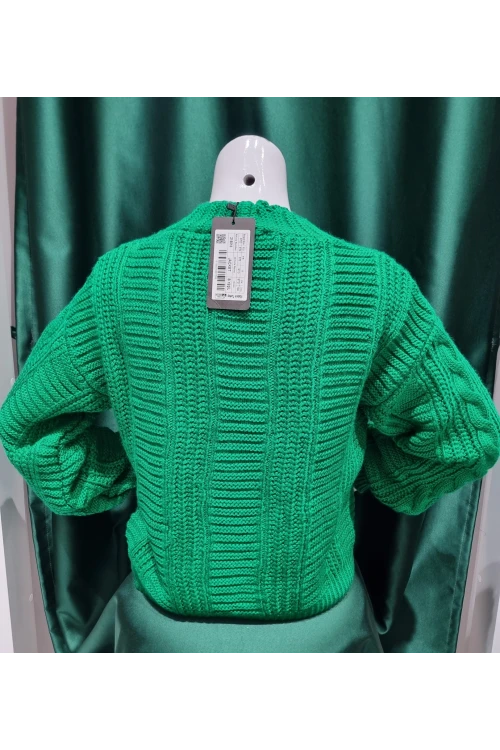 KADIN F.YEŞİLİ V YAKA DÜĞMELİ DESENLİ KISA  TRİKO CEKET