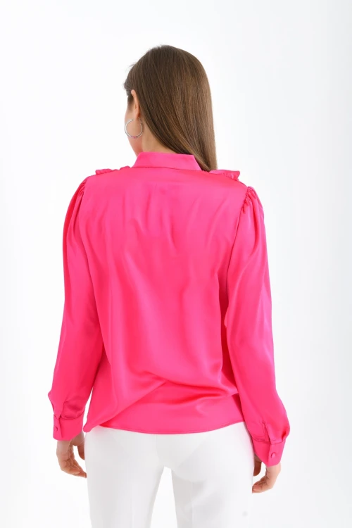 Kadın Gömlek Pudra Volan Yaka Saten Gömlek Fuşya - 33033