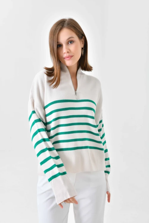 10341 KADIN YEŞİL YAKALI FERMUARLI ÇİZGİLİ DESENLİ  KAZAK