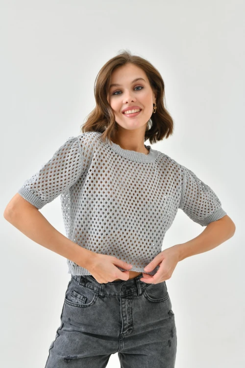 Kadın Gri Ajurlu Mevsimlik Triko Kazak