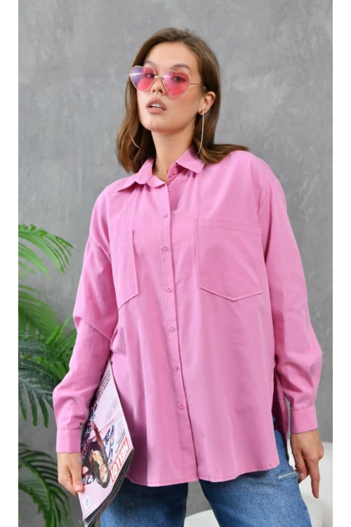 Kadın Gömlek Çift Cepli Uzun Kollu Gömlek Gül - 21012