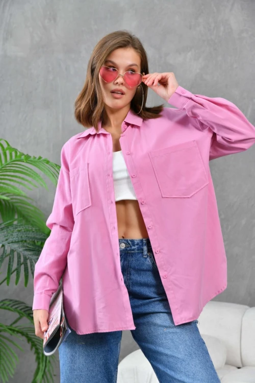 Kadın Gömlek Çift Cepli Uzun Kollu Gömlek Gül - 21012