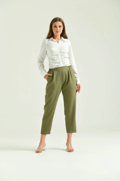 Kadın Pantolon Bel Lastikli Rahat Pantolon Haki - T116