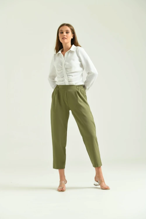 Kadın Pantolon Bel Lastikli Rahat Pantolon Haki - T116