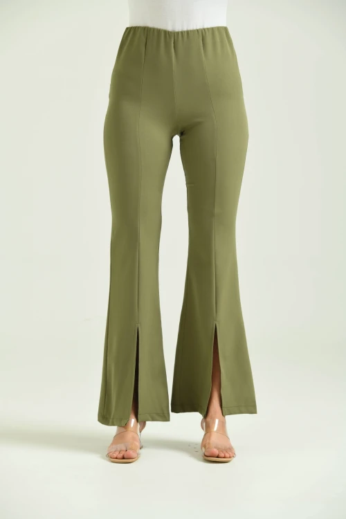 Kadın Pantolon  Paça Detaylı Toparlayıcı Yüksel Bel Kumaş Pantolon Haki - T111