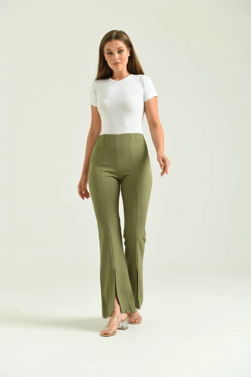 Kadın Pantolon  Paça Detaylı Toparlayıcı Yüksel Bel Kumaş Pantolon Haki - T111