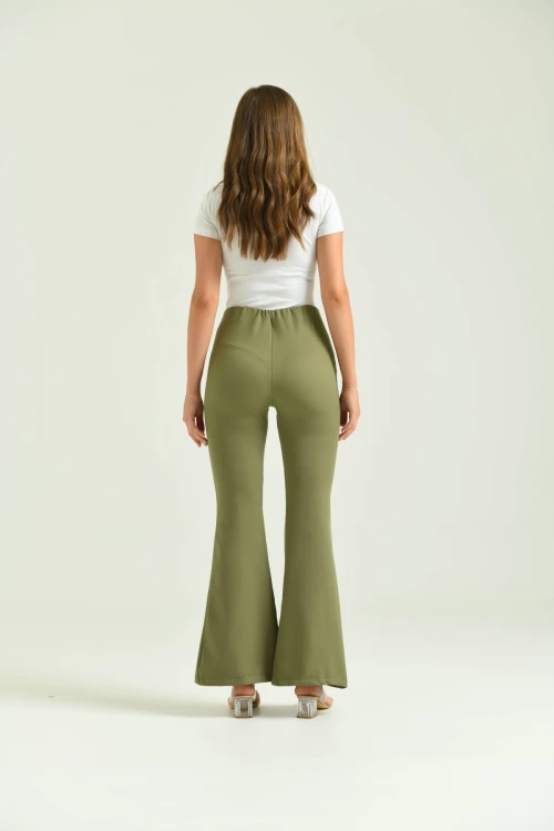 Kadın Pantolon  Paça Detaylı Toparlayıcı Yüksel Bel Kumaş Pantolon Haki - T111
