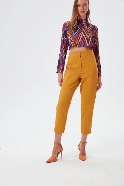 Kadın Hardal Bel Pensli Klasik Kumaş Pantolon