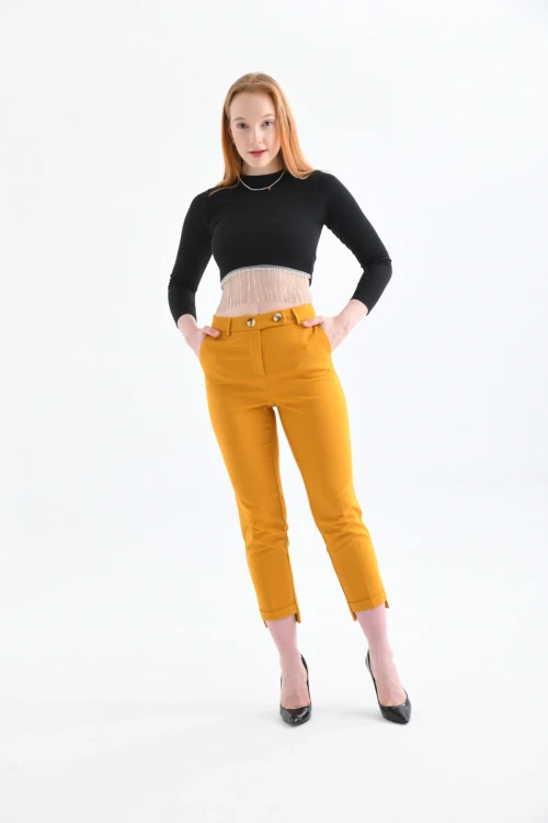 KADIN KIRMIZI Paça Detaylı Kumaş Pantolon