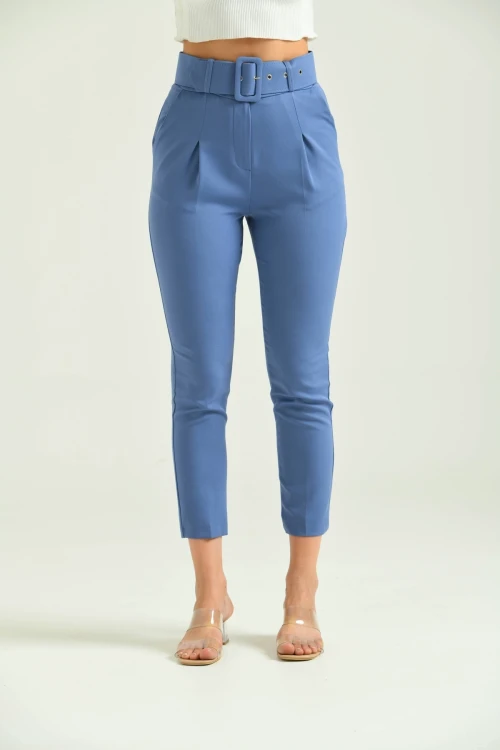 Kadın Pantolon Kemer Detaylı Basic Kadın Pantolon İndigo - T018