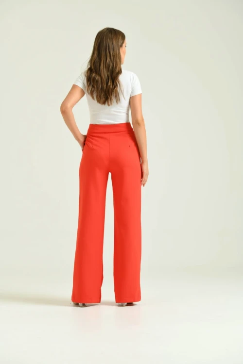 Kadın Pantolon Geniş Paça Likralı Cepli Düğmeli Kadın Pantolon Nar - T019