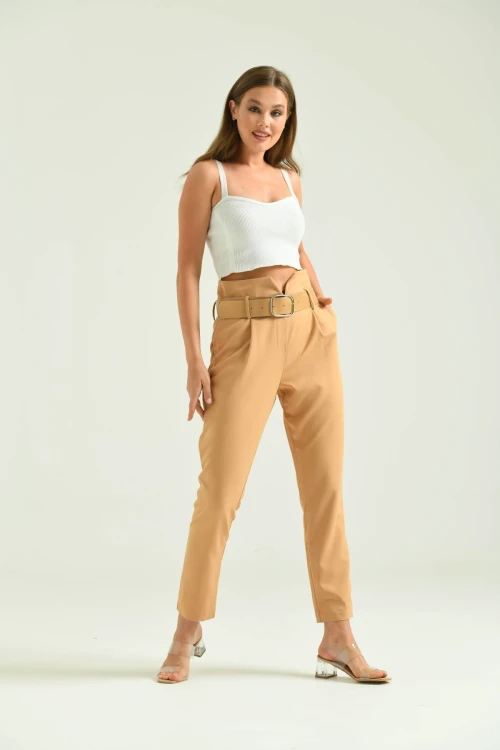 Kadın Pantolon Yüksel Bel Kemer Detay Havuç Pantolon Kahve - T016