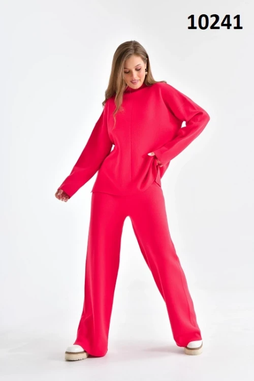 10241  KADIN KAPALI YAKA TEK RENK UZUN  YAN YIRTMAÇLI UZUN  PANTOLONLU TAKIM