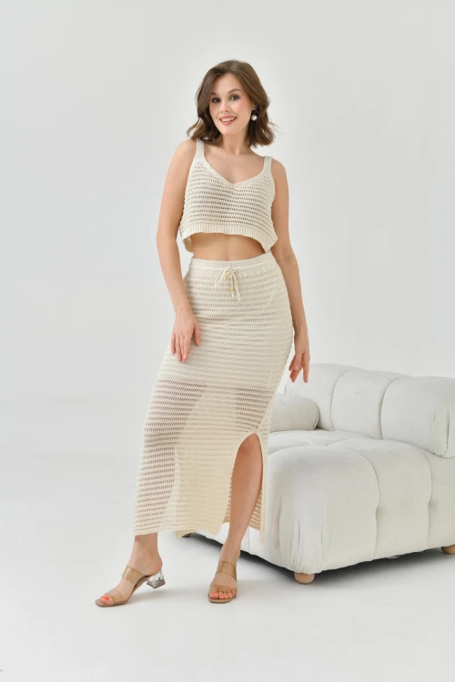 Kadın Kemik Ajur Örgü Askılı Crop Astarlı Etek Kadın Triko Alt-Üst Takım