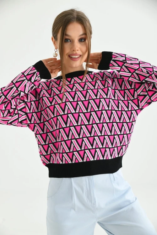 Kadın Kazak Bisiklet Yaka Desenli Kadın Kazak Siyah - 224503