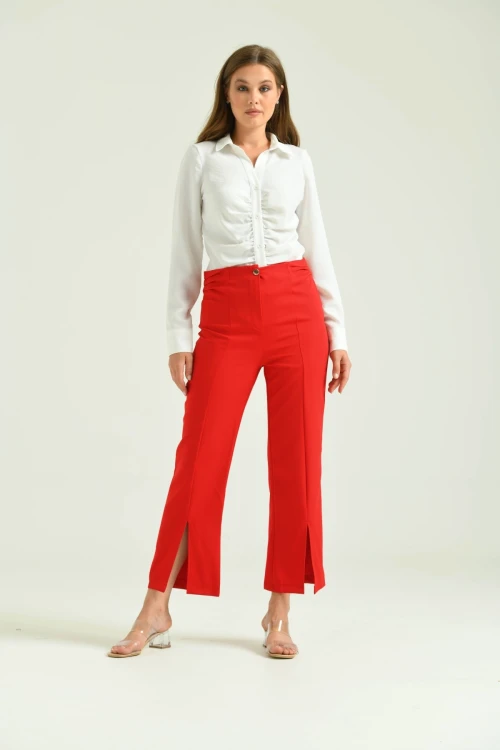 Kadın Kırmızı Beli Büzgülü Paça Detay Kumaş Pantolon