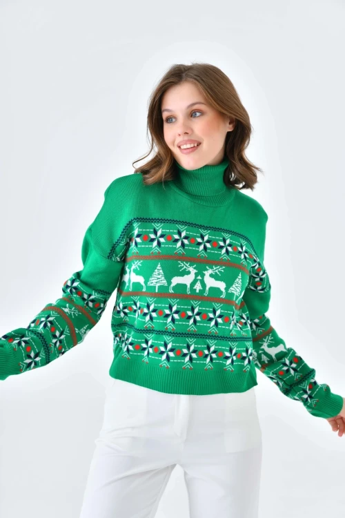 Kadın Kazak Yılbaşı Konseptli Geyik Motifli Boyunlu Kazak Yeşil - 224529