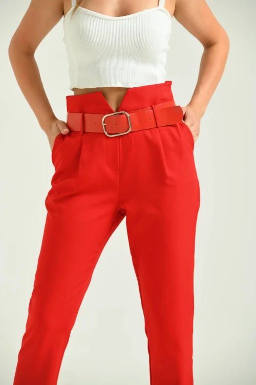 Kadın Pantolon Yüksel Bel Kemer Detay Havuç Pantolon Kırmızı - T016