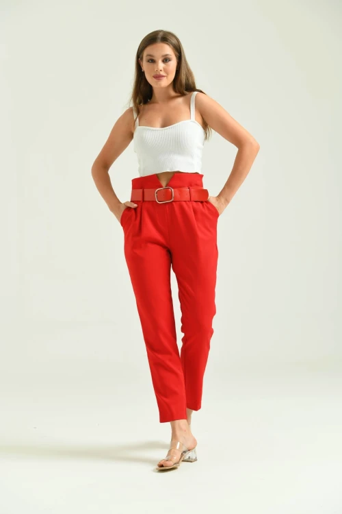 Kadın Pantolon Yüksel Bel Kemer Detay Havuç Pantolon Kırmızı - T016