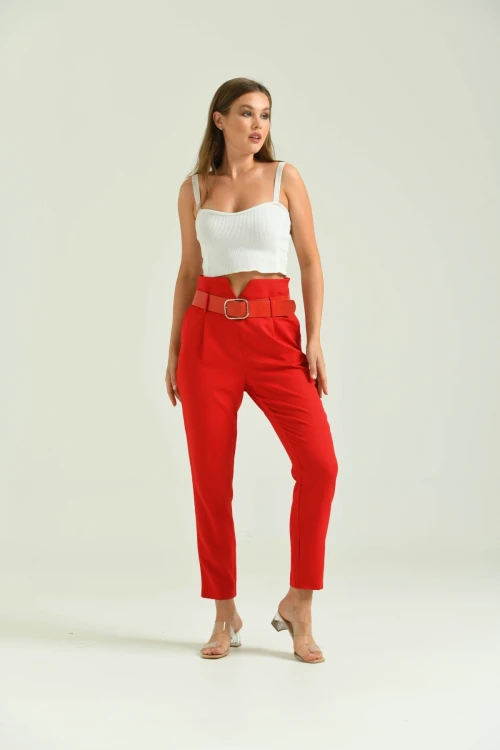 Kadın Pantolon Yüksel Bel Kemer Detay Havuç Pantolon Kırmızı - T016