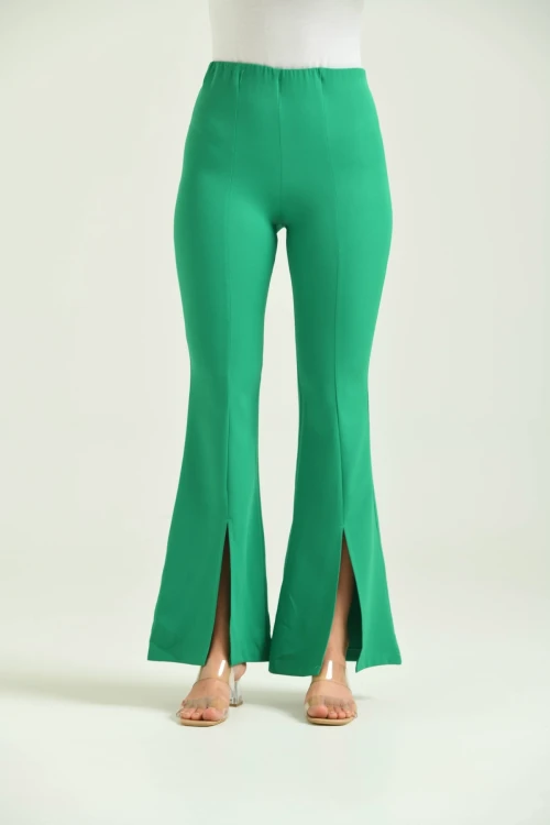 Kadın Pantolon  Paça Detaylı Toparlayıcı Yüksel Bel Kumaş Pantolon Yeşil - T111