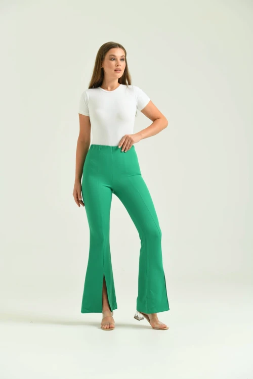 Kadın Pantolon  Paça Detaylı Toparlayıcı Yüksel Bel Kumaş Pantolon Yeşil - T111