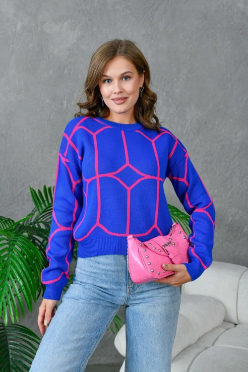 KADIN LACİVERT BİSİKLET YAKA ÇİFT RENKLİ KAZAK