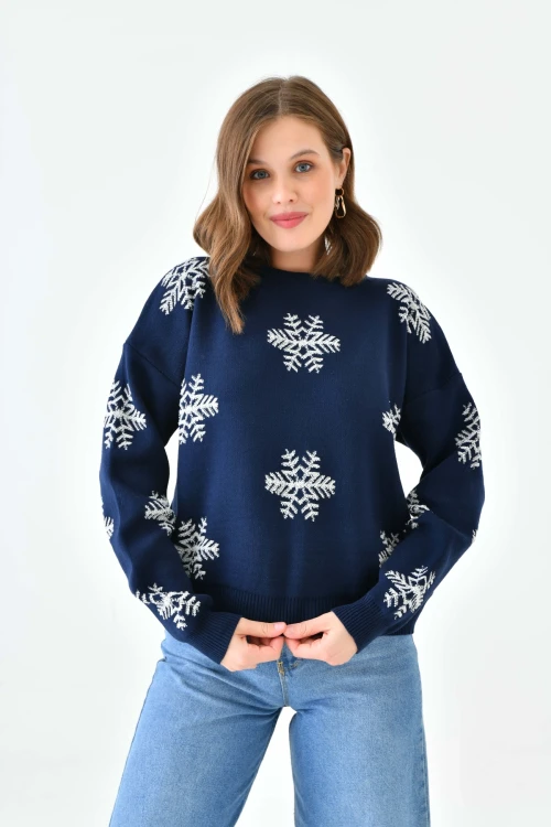 Kadın Kazak Yılbaşı Konseptli Kar Desenli Kazak Lacivert - 10560