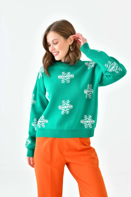 Kadın Kazak Yılbaşı Konseptli Kar Desenli Kazak Yeşil - 10560