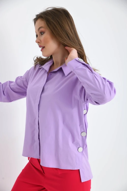 Kadın Gömlek Önü Kısa Arkası Uzun Yanları Düğmeli Gömlek Lila - 32008