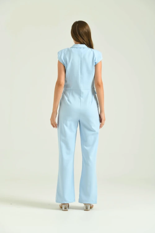 Kadın Tulum Elbise Ceket Yaka Kumaş Tulum Elbise Bebe Mavi - T106