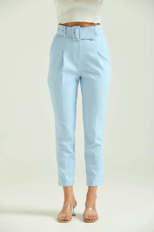 Kadın Pantolon Kemer Detaylı Basic Kadın Pantolon Mavi - T018 