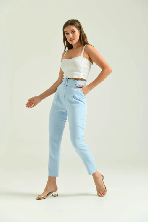 Kadın Pantolon Kemer Detaylı Basic Kadın Pantolon Mavi - T018 