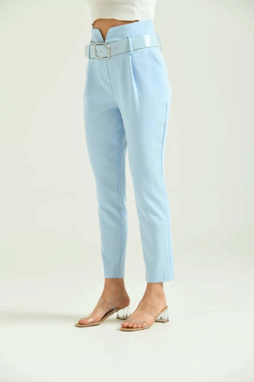 Kadın Pantolon Yüksel Bel Kemer Detay Havuç Pantolon Mavi - T016