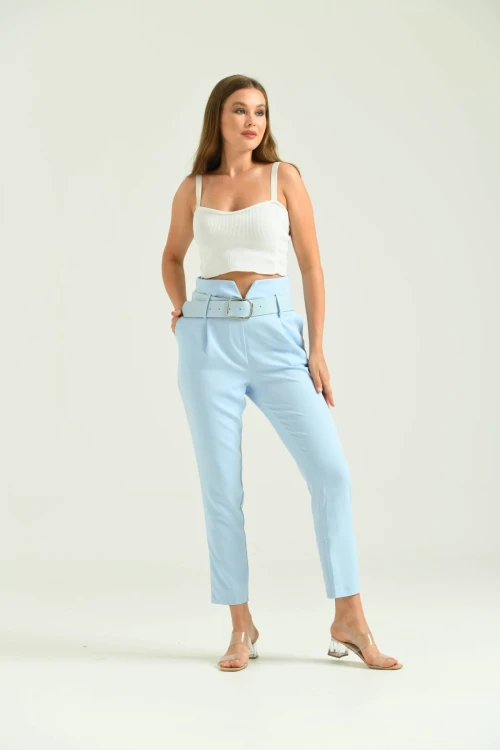 Kadın Pantolon Yüksel Bel Kemer Detay Havuç Pantolon Mavi - T016