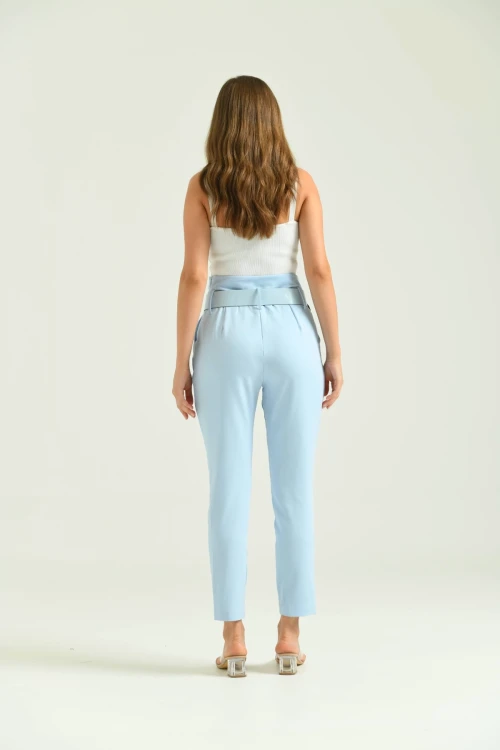 Kadın Pantolon Yüksel Bel Kemer Detay Havuç Pantolon Mavi - T016