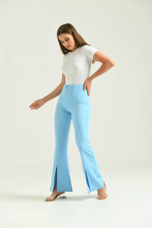 Kadın Pantolon  Paça Detaylı Toparlayıcı Yüksel Bel Kumaş Pantolon Mavi - T111