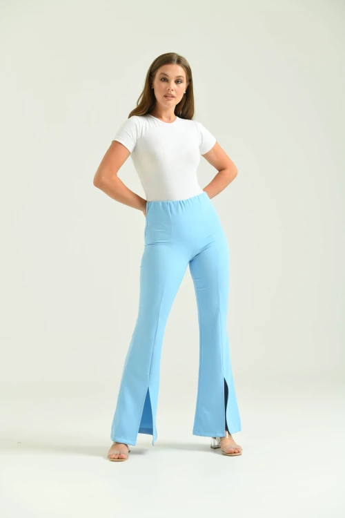 Kadın Pantolon  Paça Detaylı Toparlayıcı Yüksel Bel Kumaş Pantolon Mavi - T111
