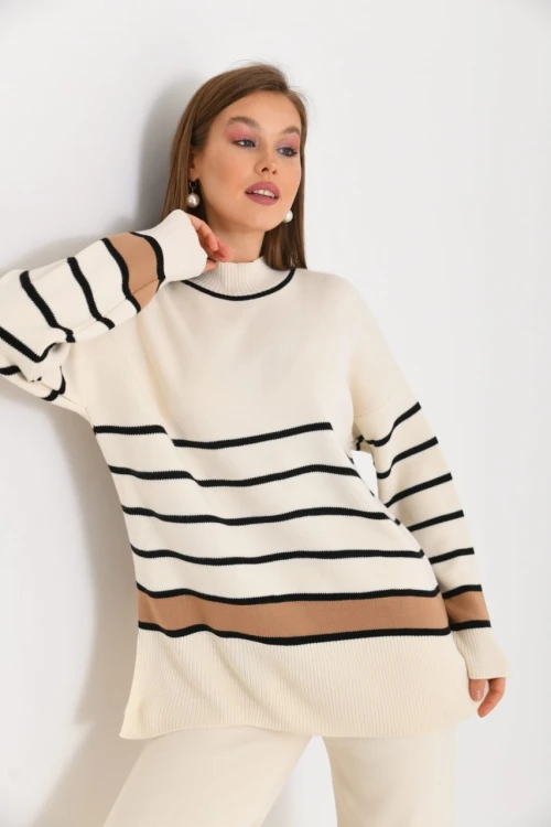 KADIN MAVİ YÜKSEK BOYUN PANTOLONLU İKİLİ TAKIM