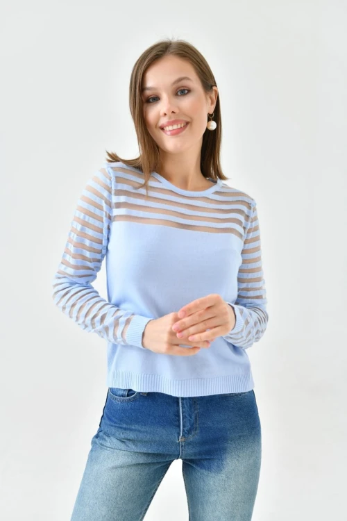 Kadın Triko Kazak Bisiklet Yaka Omuz ve Kol Detaylı Triko Kazak Bebe Mavi - 10757