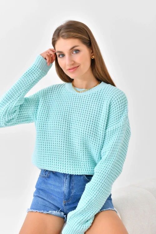 Kadın Kazak Bisiklet Yaka Tek Renk Örme Kazak Mint - 225004