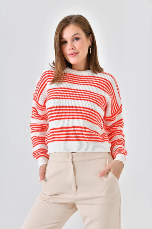 KADIN NAR BİSİKLET YAKA ÇİFT RENK ÇİZGİLİ MODEL KAZAK