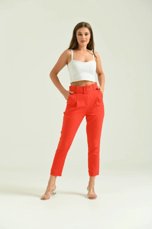 Kadın Pantolon Kemer Detaylı Basic Kadın Pantolon Nar - T018