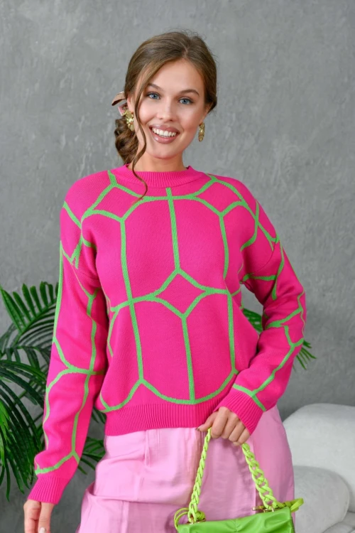 KADIN FUŞYA BİSİKLET YAKA ÇİFT RENKLİ KAZAK