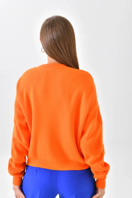 10318 KADIN ORANGE BİSİKLET YAKA KALP DESENLİ KAZAK