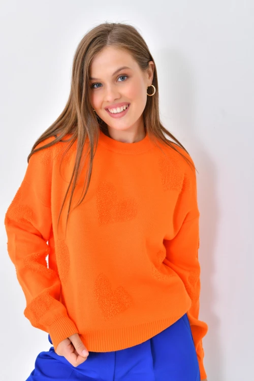 10318 KADIN ORANGE BİSİKLET YAKA KALP DESENLİ KAZAK