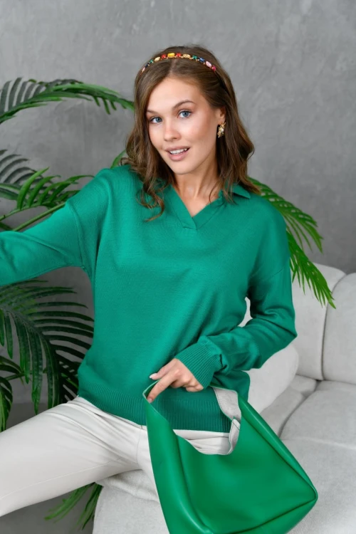 KADIN B.YEŞİL V YAKALI KOL VE BEL LASTİKLİ TEK RENK KAZAK