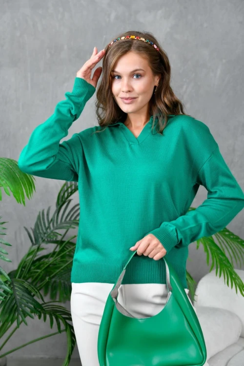 KADIN B.YEŞİL V YAKALI KOL VE BEL LASTİKLİ TEK RENK KAZAK